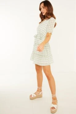 Sage Gingham Wrap Skater Dress -Glamourista 00100029429 XS