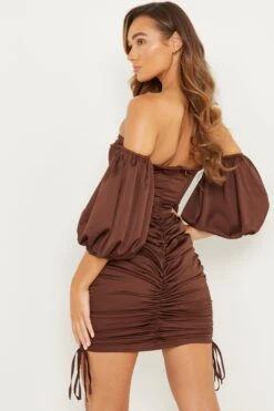 Brown Satin Bardot Bodycon Dress 8 Brown Satin Bardot Bodycon Dress -Glamourista 00100031765 XB