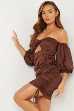 Brown Satin Bardot Bodycon Dress 9 Brown Satin Bardot Bodycon Dress -Glamourista 00100031765 XS