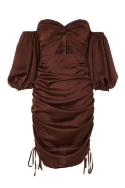 Brown Satin Bardot Bodycon Dress
