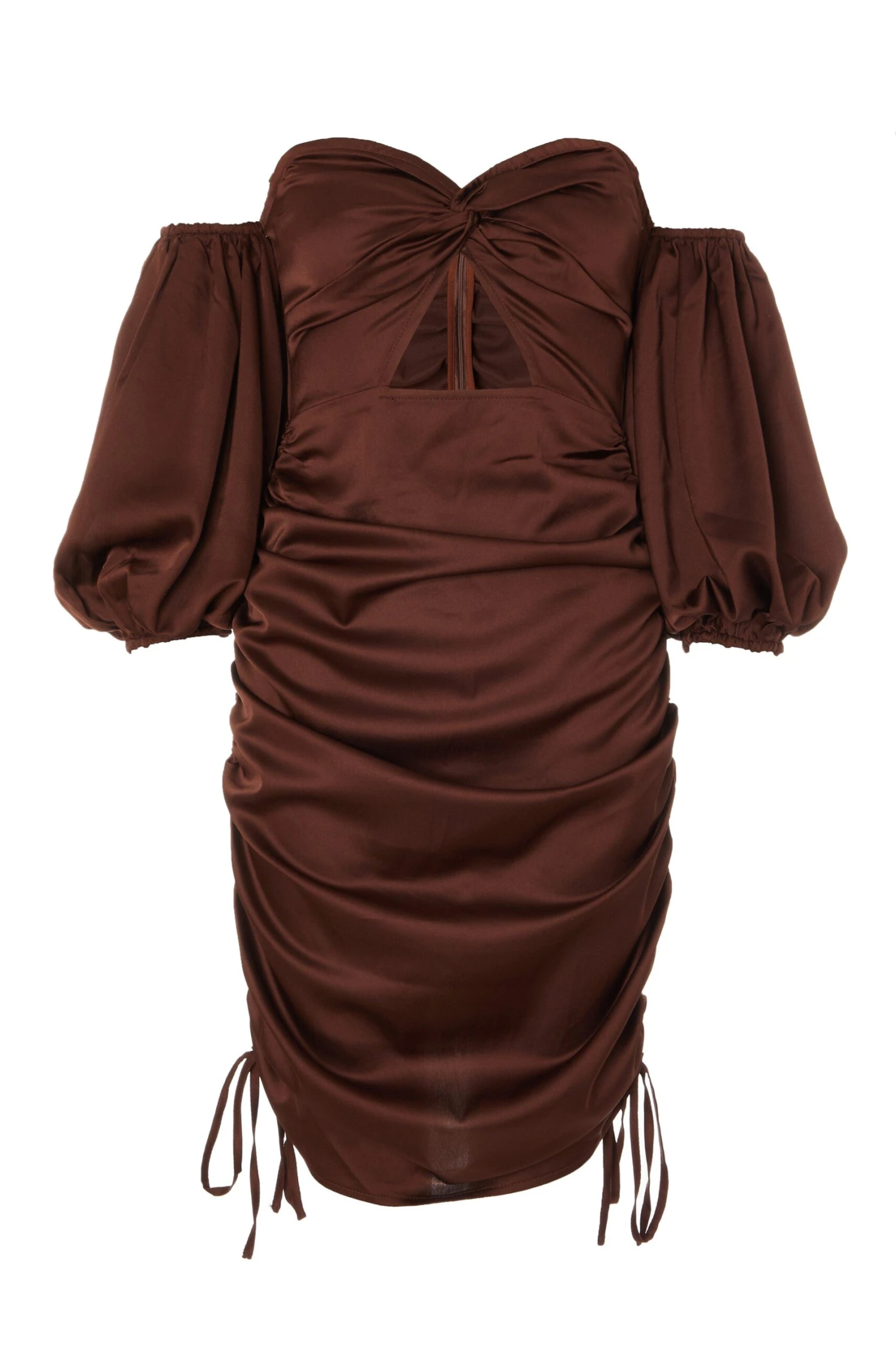 Brown Satin Bardot Bodycon Dress 1 Brown Satin Bardot Bodycon Dress