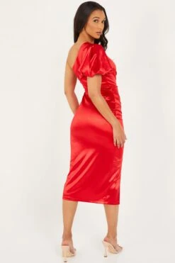 Red Satin One Shoulder Midi Dress -Glamourista 00100032396 XB