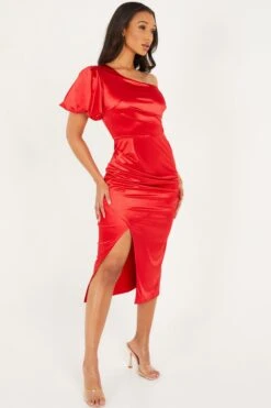 Red Satin One Shoulder Midi Dress -Glamourista 00100032396 XS