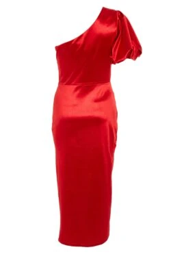 Red Satin One Shoulder Midi Dress -Glamourista 00100032396 ZB