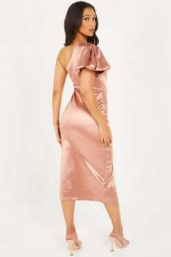 Rose Gold Satin One Shoulder Midi Dress -Glamourista 00100032397 XB