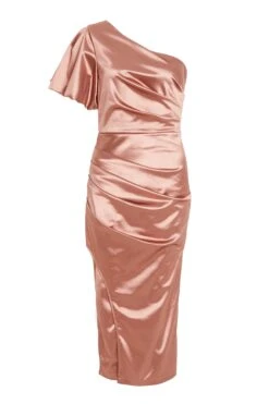 Rose Gold Satin One Shoulder Midi Dress