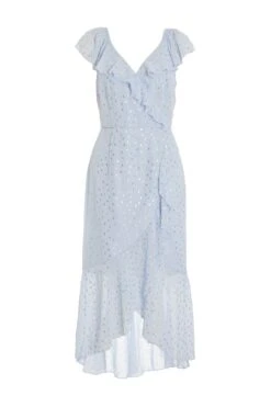 Blue Foil Polka Dot Wrap Midi Dress