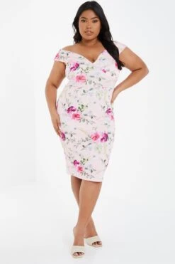 Curve Pink Floral Print Bardot Dress -Glamourista 00100033981 XM