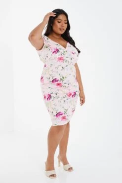 Curve Pink Floral Print Bardot Dress -Glamourista 00100033981 XS