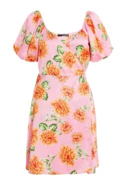 Pink Floral Satin Mini Skater Dress