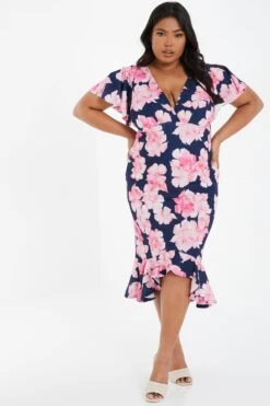 Curve Navy Floral Frill Hem Midi Dress -Glamourista 00100034136 XM