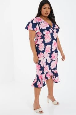 Curve Navy Floral Frill Hem Midi Dress -Glamourista 00100034136 XS