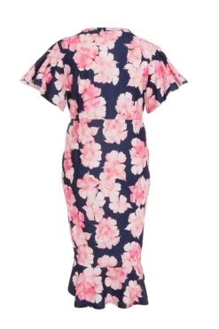 Curve Navy Floral Frill Hem Midi Dress -Glamourista 00100034136 ZB