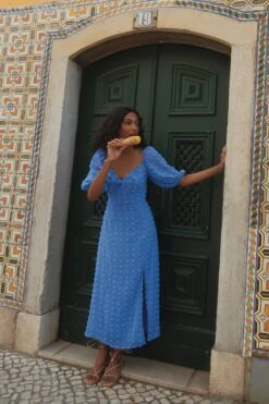 Blue Chiffon Polka Dot Midi Dress -Glamourista 00100034897 XS