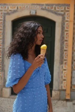 Blue Chiffon Polka Dot Midi Dress -Glamourista 00100034897 ZS