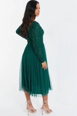 Petite Green Embellished Tulle Midi Dress -Glamourista 00100035042 XB