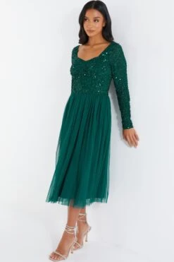 Petite Green Embellished Tulle Midi Dress -Glamourista 00100035042 XS