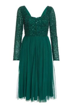 Petite Green Embellished Tulle Midi Dress