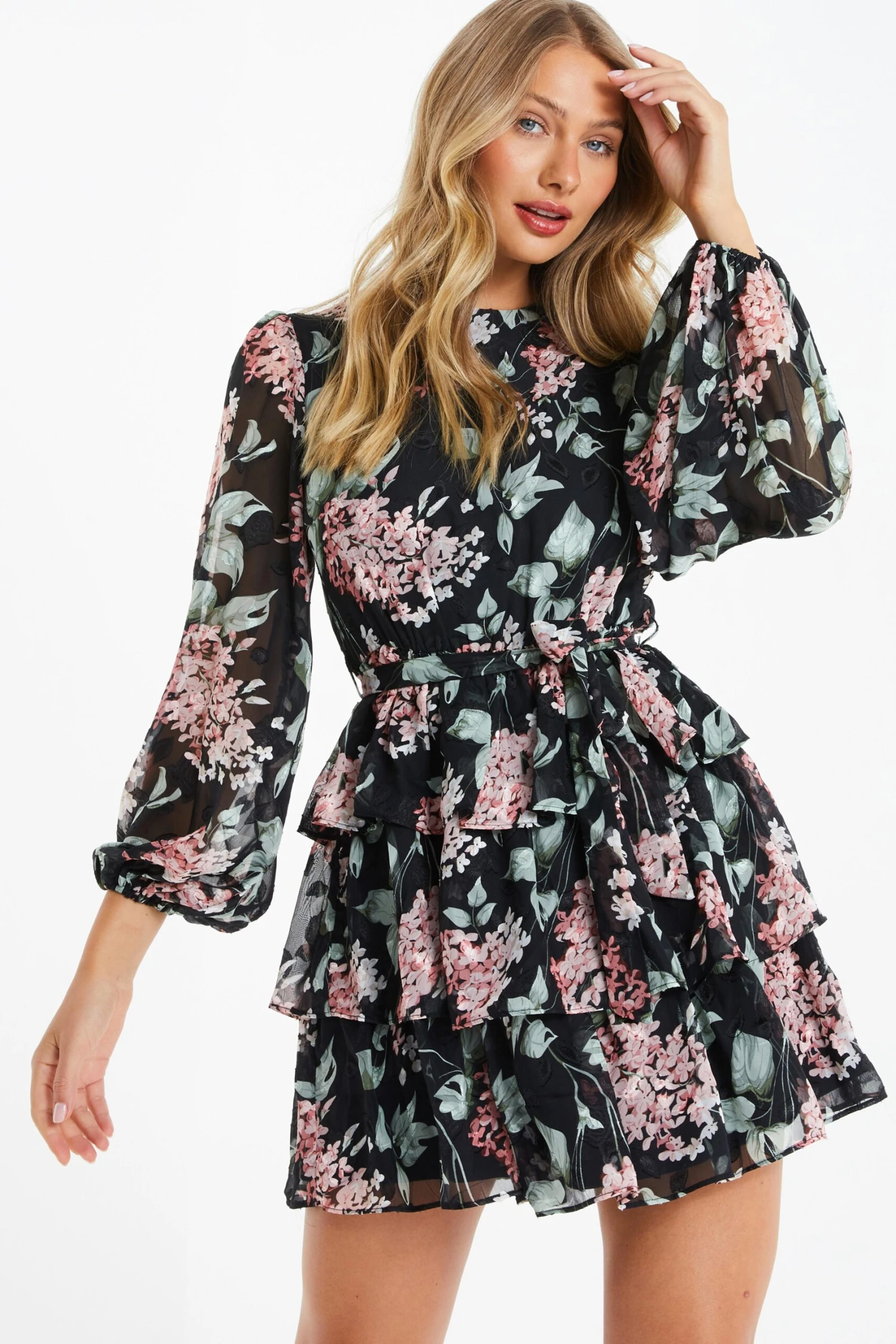 Black Floral Tiered Skater Dress 2 Black Floral Tiered Skater Dress - Image 2