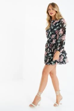 Black Floral Tiered Skater Dress 9 Black Floral Tiered Skater Dress -Glamourista 00100035157 XS