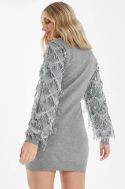 Grey Knitted Embellished Mini Dress -Glamourista 00100035262 XB