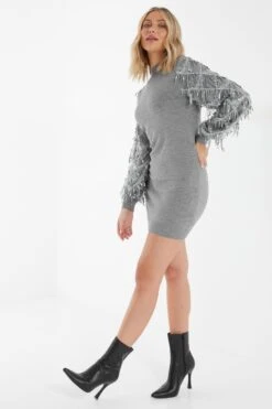 Grey Knitted Embellished Mini Dress -Glamourista 00100035262 XS
