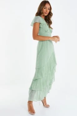Sage Metallic Chiffon Tiered Maxi Dress -Glamourista 00100035474 XS