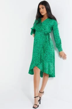 Green Animal Print Wrap Midi Dress -Glamourista 00100035493 XS