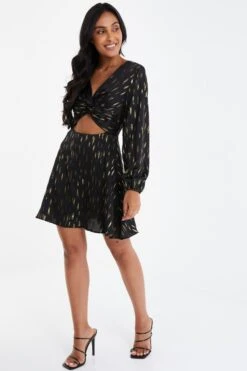 Petite Black Metallic Stripe Skater Dress -Glamourista 00100035651 XS