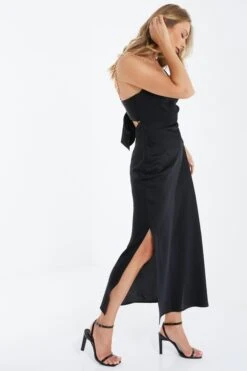 Black Satin Tie Back Midi Dress -Glamourista 00100035653 XS