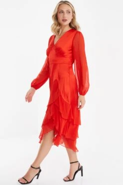 Orange Satin Frill Midi Dress -Glamourista 00100035710 XS