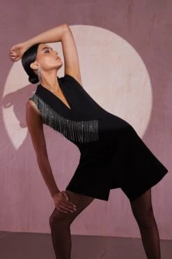 Black Diamante Mini Blazer Dress -Glamourista 00100035723 XS