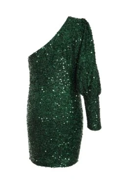 Bottle Green Sequin One Shoulder Mini Dress -Glamourista 00100035761 ZB
