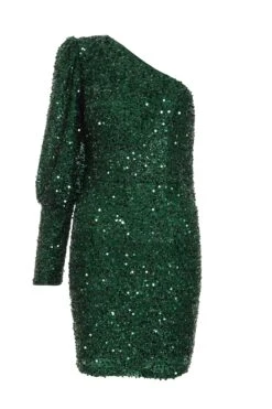 Bottle Green Sequin One Shoulder Mini Dress