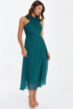 Teal Chiffon Crinkle Halter Neck Midi Dress -Glamourista 00100035778 XS