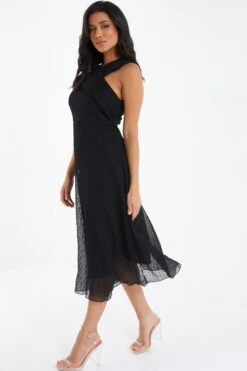 Black Chiffon Crinkle Halter Neck Midi Dress -Glamourista 00100035779 XS