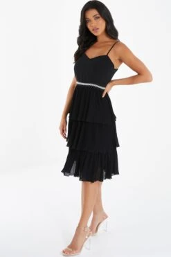 Black Chiffon Embellished Tiered Midi Dress -Glamourista 00100035780 XS