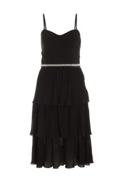 Black Chiffon Embellished Tiered Midi Dress