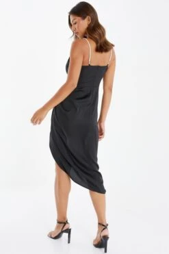 Black Satin Ruched Midi Dress -Glamourista 00100035851 XB