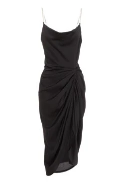 Black Satin Ruched Midi Dress