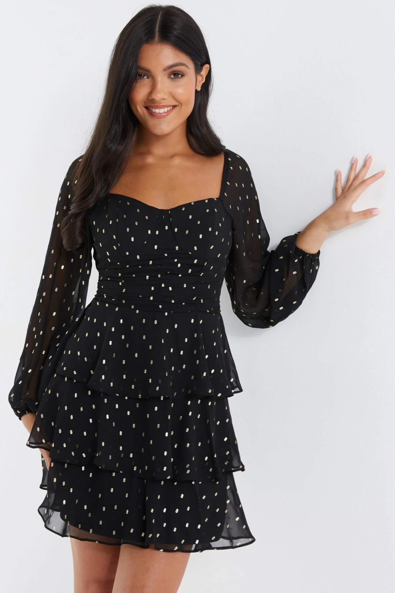 Black Chiffon Foil Tiered Mini Dress 2 Black Chiffon Foil Tiered Mini Dress - Image 2