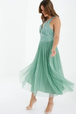 Green Sequin Tulle Midi Dress -Glamourista 00100035920 XS