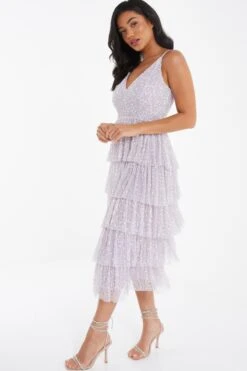 Lilac Sequin Tiered Midi Dress -Glamourista 00100035926 XS