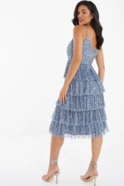 Blue Sequin Tiered Midi Dress -Glamourista 00100035928 XB