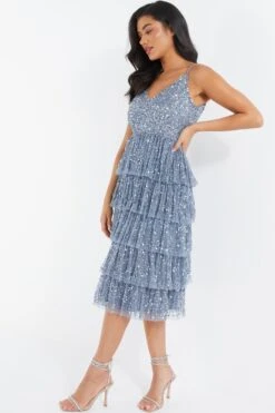 Blue Sequin Tiered Midi Dress -Glamourista 00100035928 XS