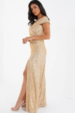 Gold Sequin Ruched Maxi Dress -Glamourista 00100035932 XS