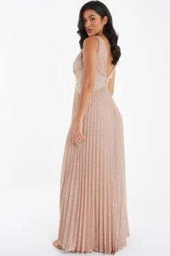 Nude Shimmer Pleated Maxi Dress -Glamourista 00100035934 XB