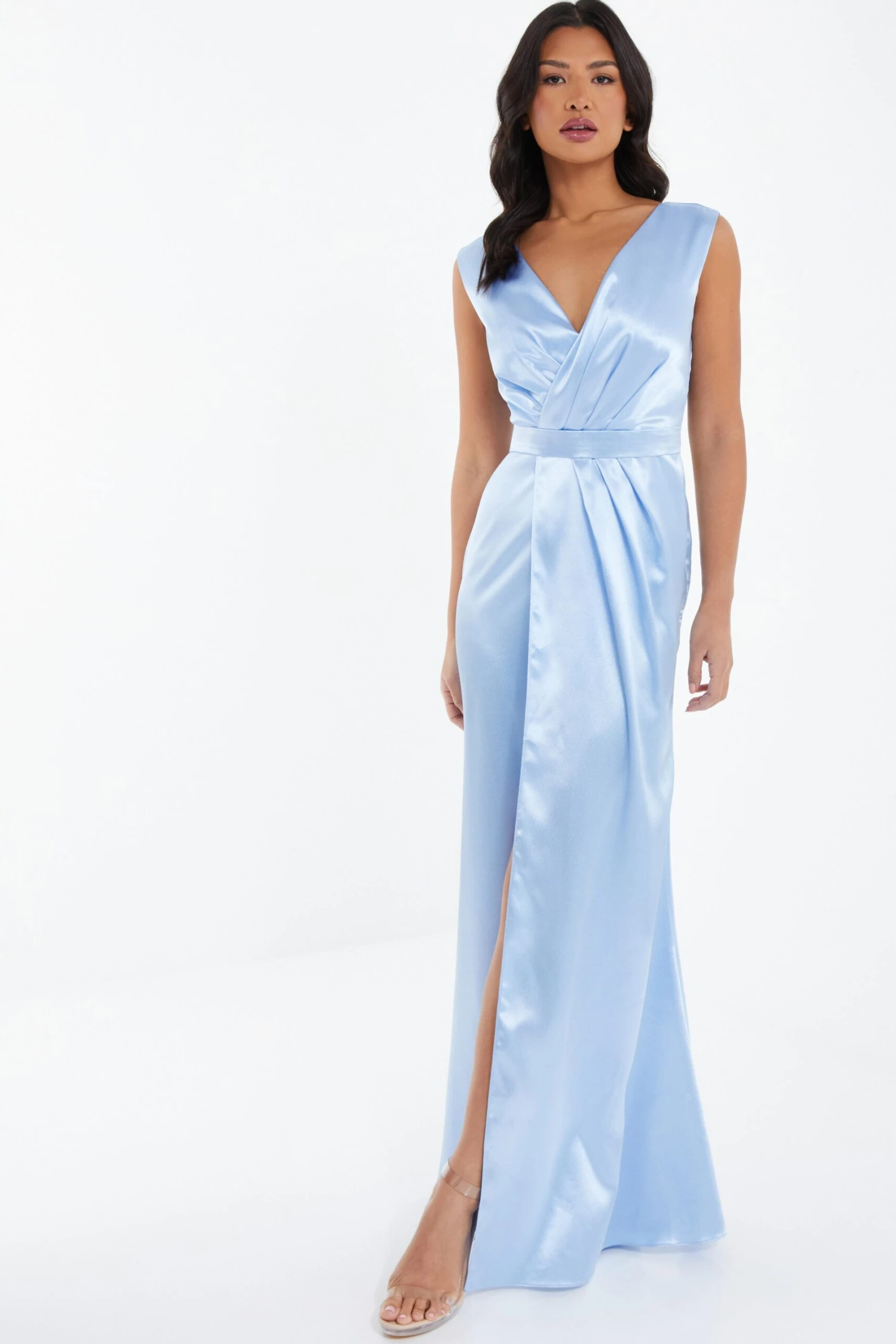 Light Blue Satin Wrap Split Leg Maxi Dress 2 Light Blue Satin Wrap Split Leg Maxi Dress - Image 2