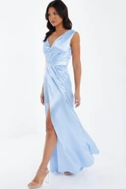 Light Blue Satin Wrap Split Leg Maxi Dress 9 Light Blue Satin Wrap Split Leg Maxi Dress -Glamourista 00100035941 XS