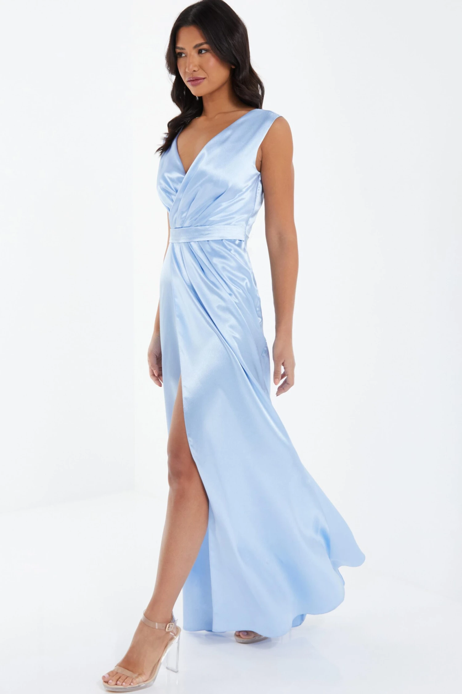 Light Blue Satin Wrap Split Leg Maxi Dress 4 Light Blue Satin Wrap Split Leg Maxi Dress - Image 4